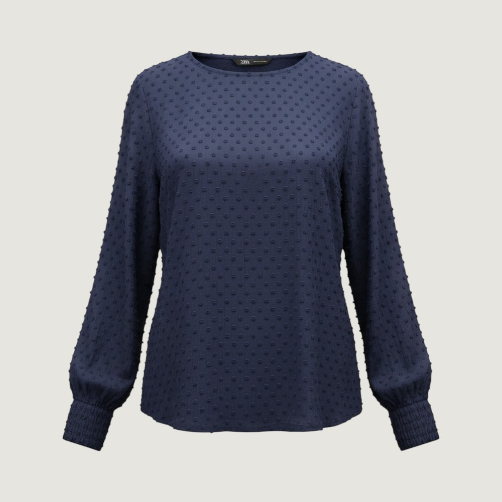Zara Navy Blue Swiss Dot Balloon Sleeve Blouse Top Round Neck Smocked Cuffs M